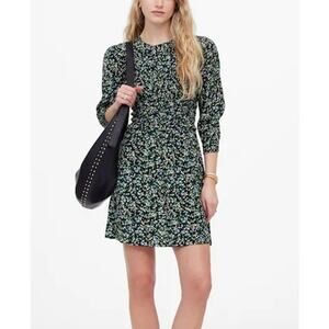 Madewell 3/4 Sleeve Smocked Floral Mini Dress Ditsy Black Green 4
